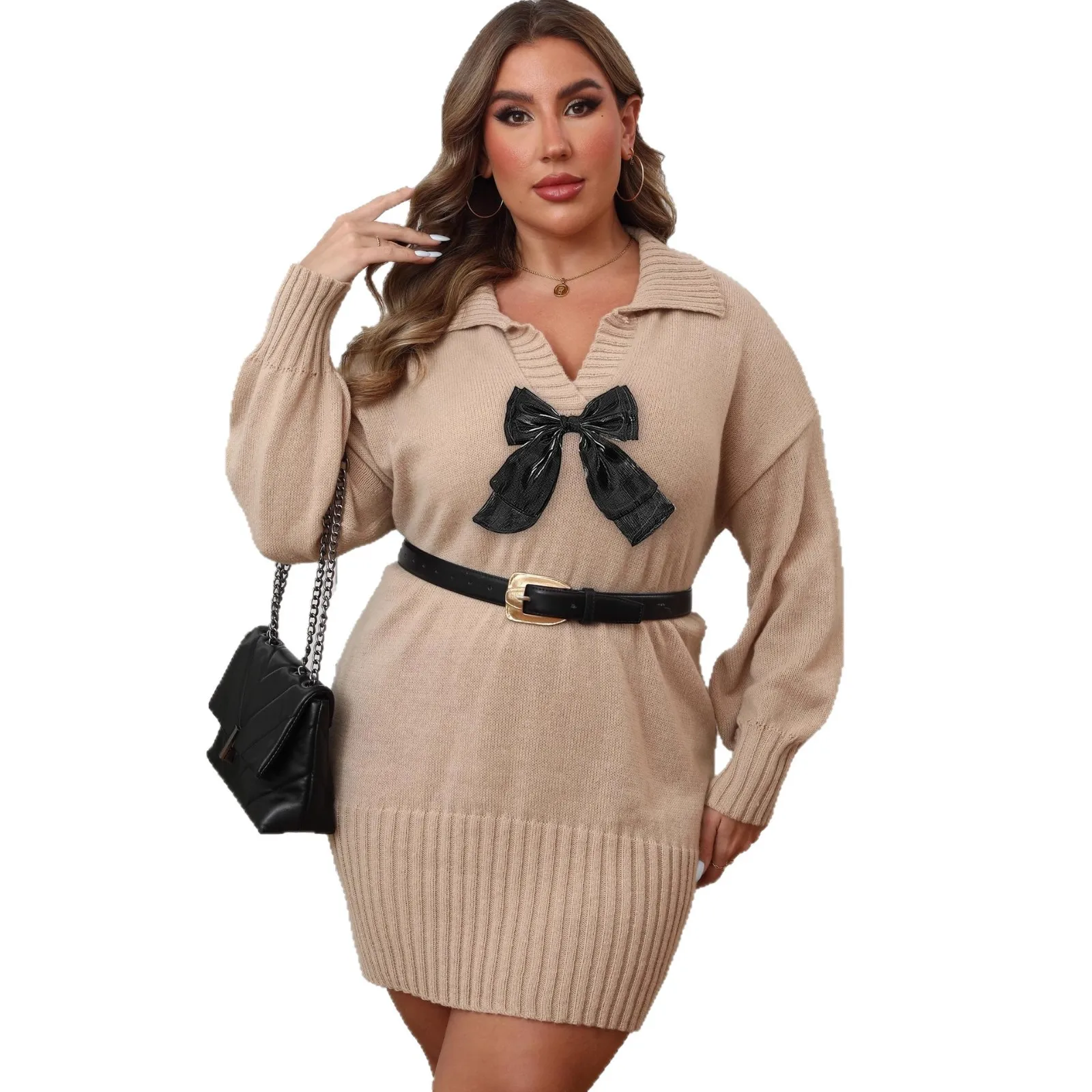 فستان بياقة بولو للخريف والشتاء مع ربطة فراشة من الحرير، فستان سترة بتصميم عصري برقبة على شكل V وعقدة فراشة #4