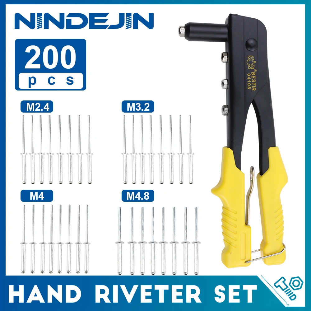 NINDEJIN Hand Riveter Set Professional Manual Rivet Gun Tool For Home Repair And DIY With 200pcs Rivets M2.4 M3.2 M4 M4.8