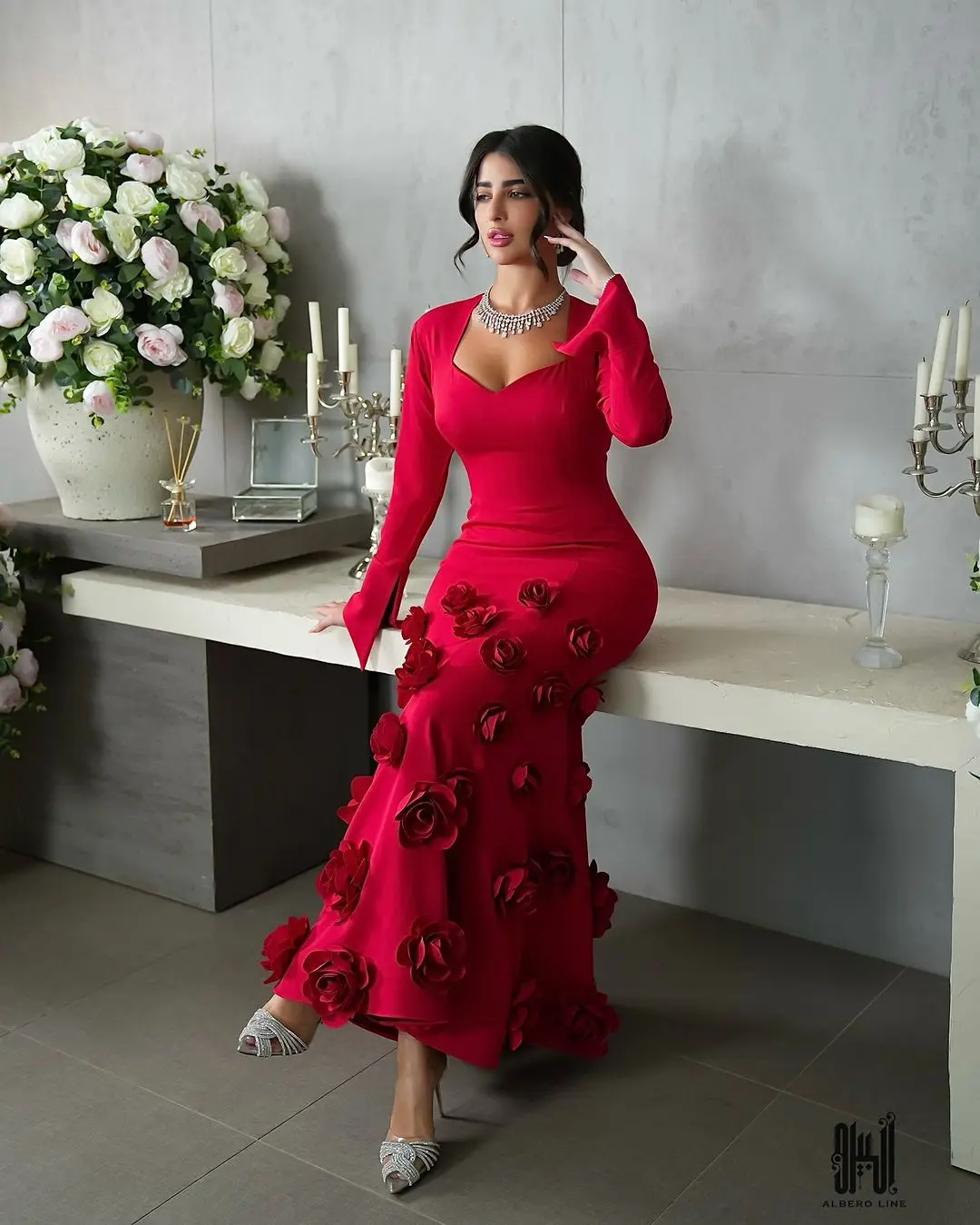 

Vintage Mermaid Red Prom Dresses Long Sleeves Sweetheart Flowers Ankle Length Evening Dresses Party Dresses