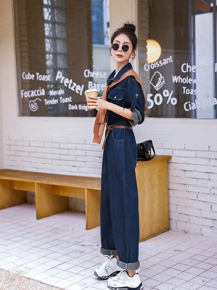 Unique Personali Denim Jumpsuit Women's Faionable Age-Defng High-Waist Straight-Leg Single-Piece Clothing