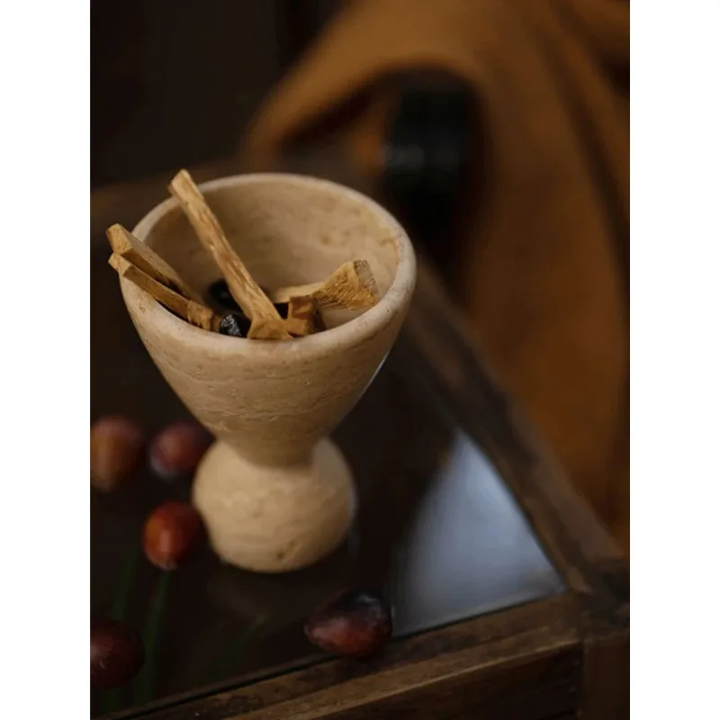 

Natural Marble Incense Burner Holder for Palo Santo Wood Sticks Handmade Beige Travertine Mubkhar