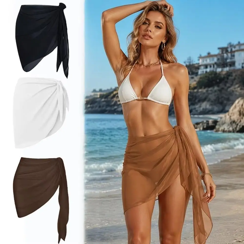 Sexy Solid Color Women Beach Skirt Short Strap Design Bikini Skirt Sheer Chiffon Skirt Summer Vacation