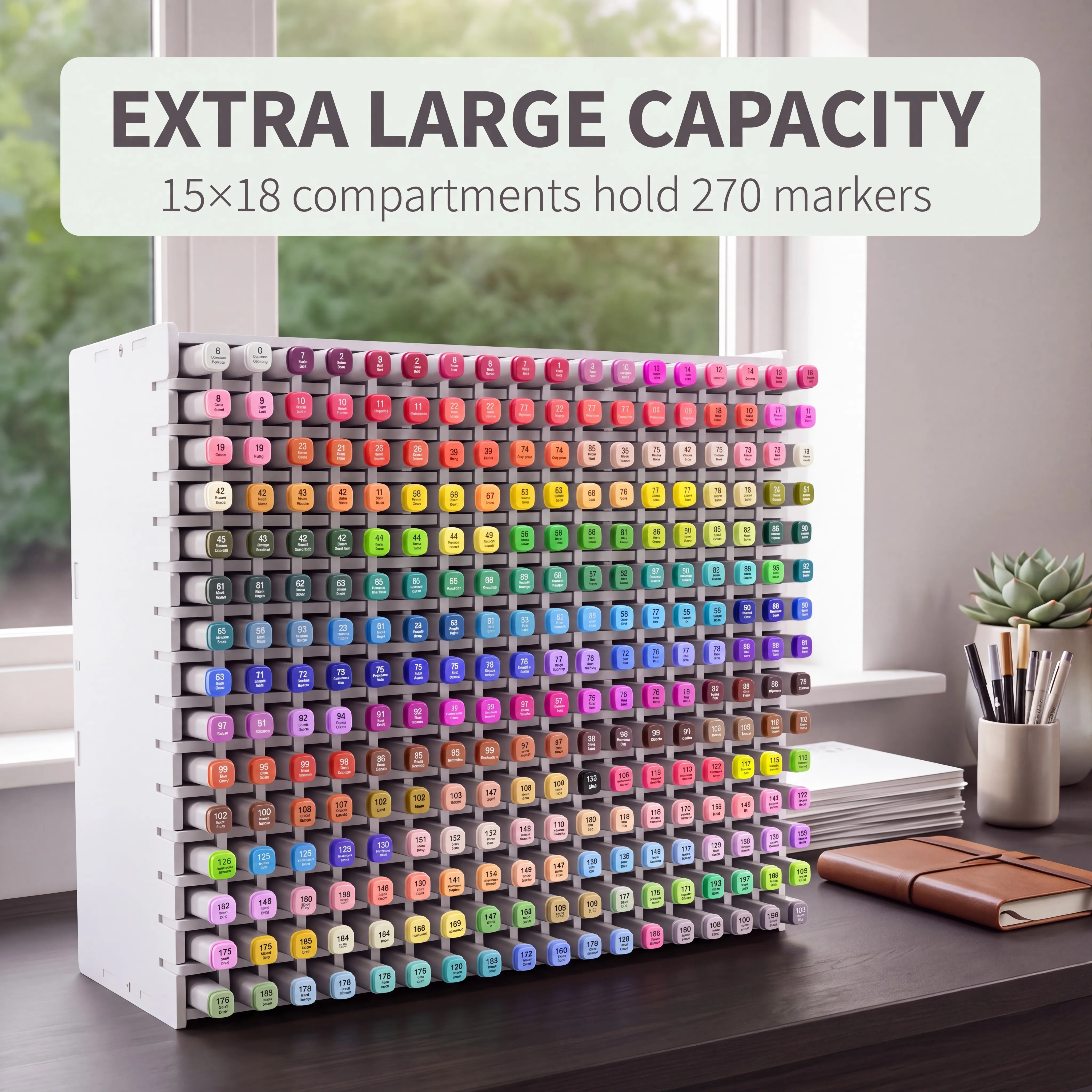 270-Slot Marker Organizer, 15×18 Grid Large-Capacity Pen Holder, Adjustable Divider Desktop Marker Storage for Paint Markers, Colored Pencils & Office Supplies
