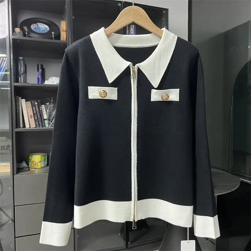 

Весенне-осенний вязаный кардиган в стиле пэчворк для женщин, модный свободный свитер с отложным воротником на молнии, кашемировая куртка, офисный женский жакет с металлическими пуговицами