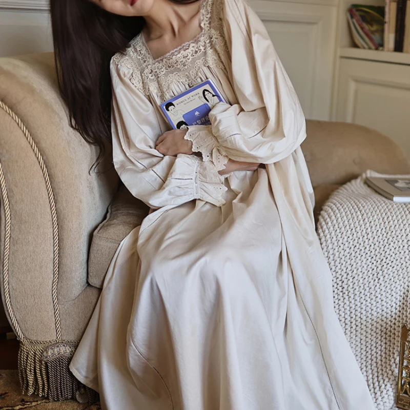 Pure Cotton Vintage Nightgowns Women Autumn Robe Nightie Long Night Dress Wear Victorian Romantic Princess Sleepwear Nightdress - view 5