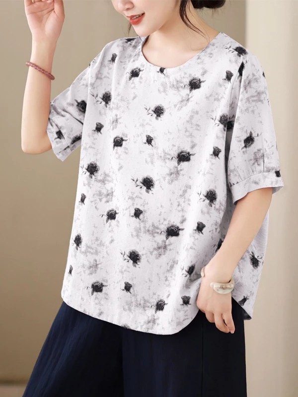 Casual Loose Short Sleeve round Neck T-Shirt Women's Top Color Block Print Simple Style Summer Fashion Cotton Polyester Blend