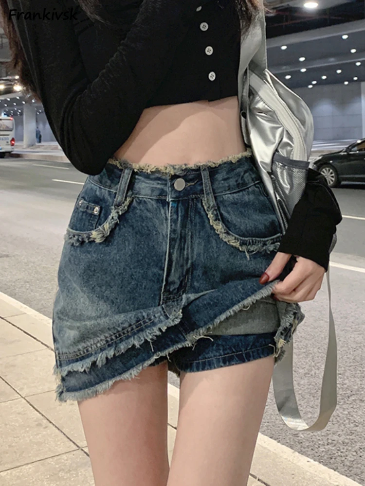 

Raw Edge Shorts Women Cool Denim Girlish Streetwear European Style Retro Package Hips Miniskater Chic Anti-glare Trousers Trendy