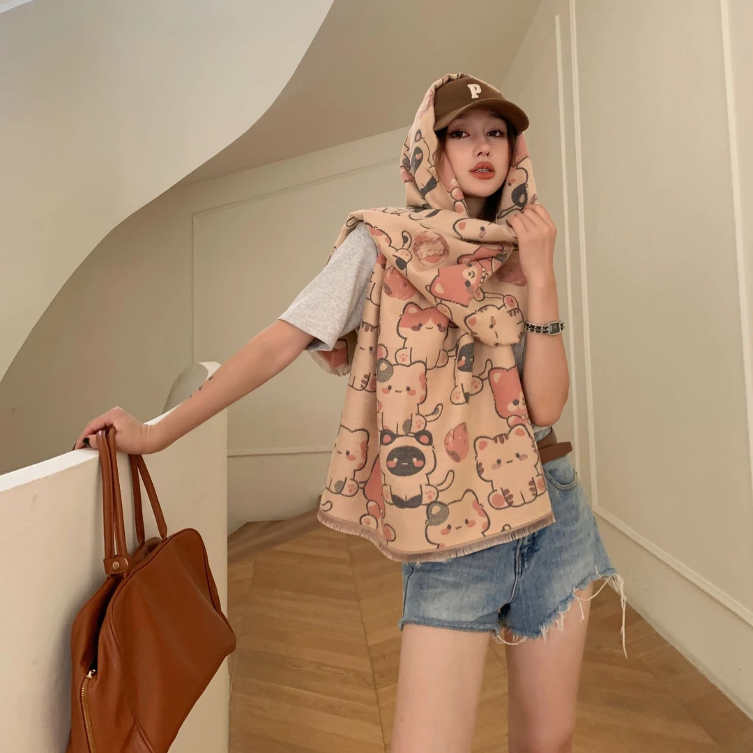 

Cute Cat Print Cashmere Feeling Scarf Women Soft Warm Fringe Shawl Multi Wear Hooded Wrap Daily Fashion Winter Neck Scarves