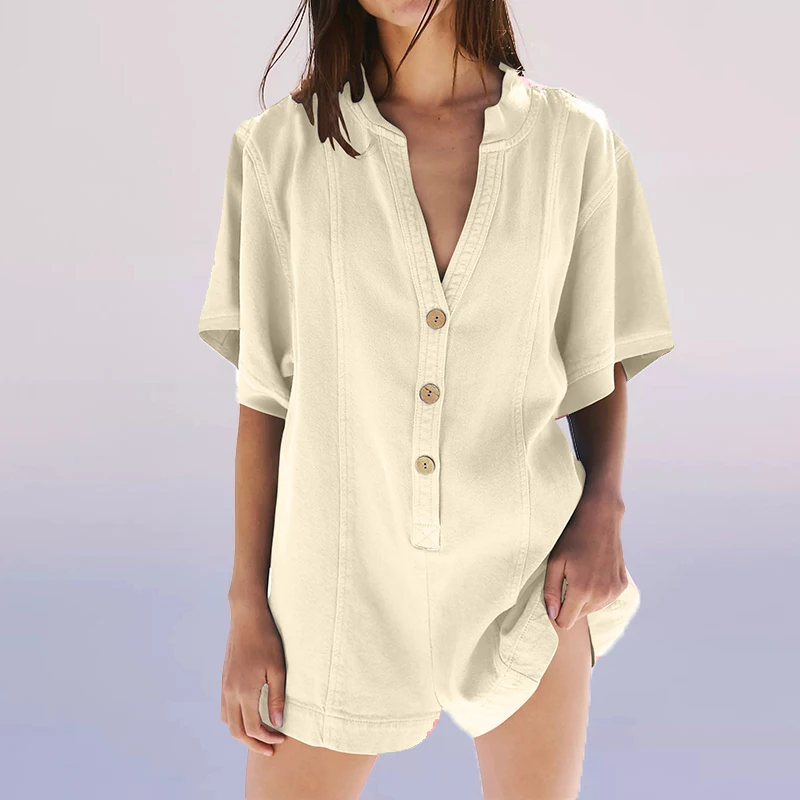 Solid Color V-neck Cotton Shorts Jumpsuit Women Spring Fashion Straight Playsuit Romper Summer Short Sleeve Loose Beach Overalls