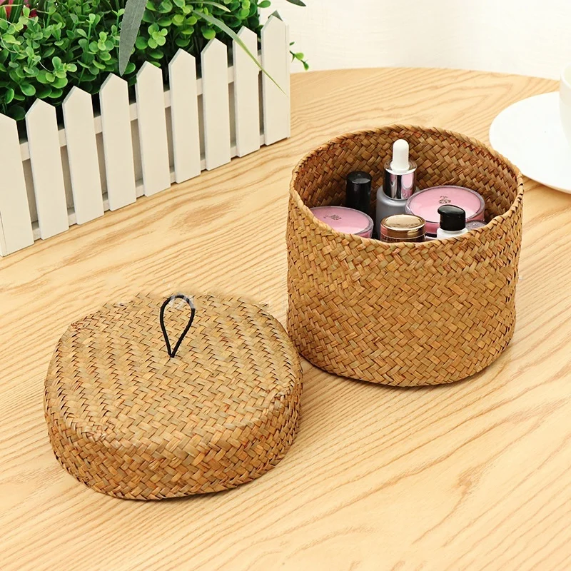 Caixa de armazenamento de vime artesanal, cesta redonda para guarda-roupa e flores de vime