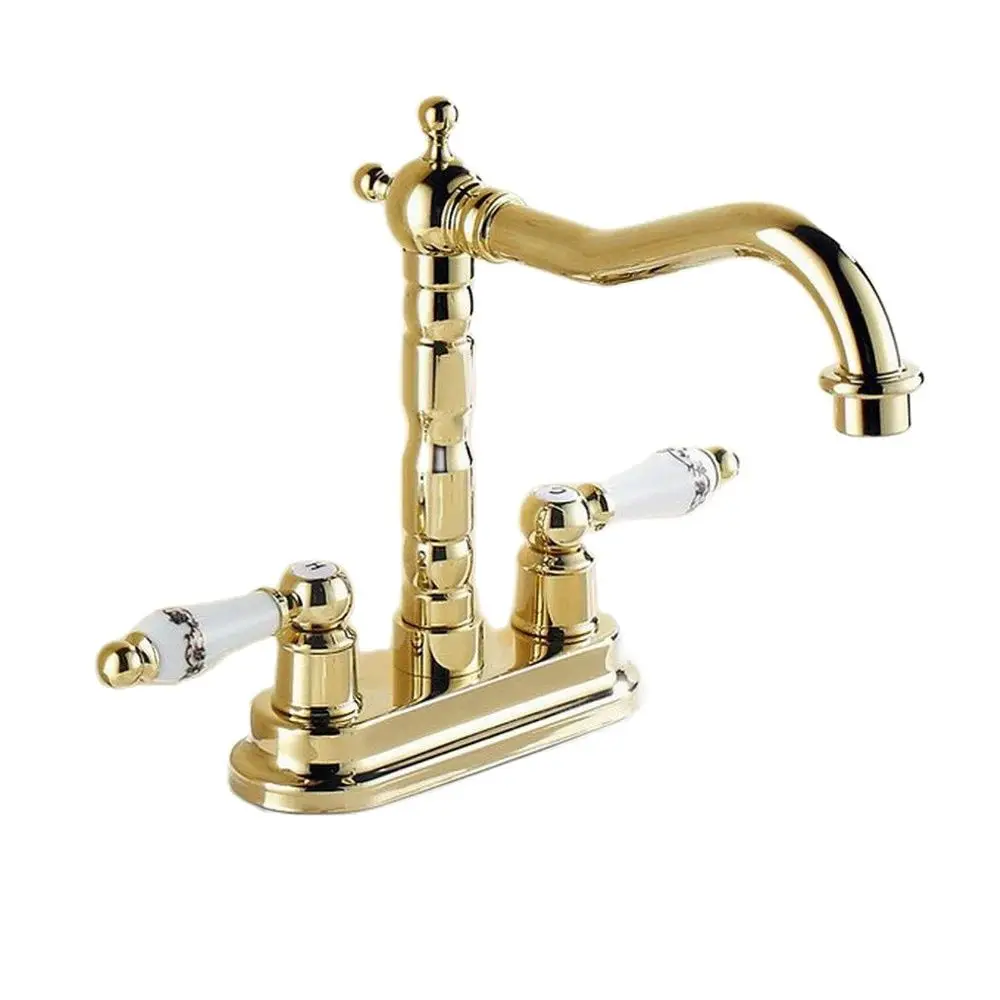 Gepolijst Goud Kleur Messing Dual Keramische Handvat 4 "Centerset Gootsteen Kraan Koud En Warm Water Mixer Wastafel Kranen lnf322