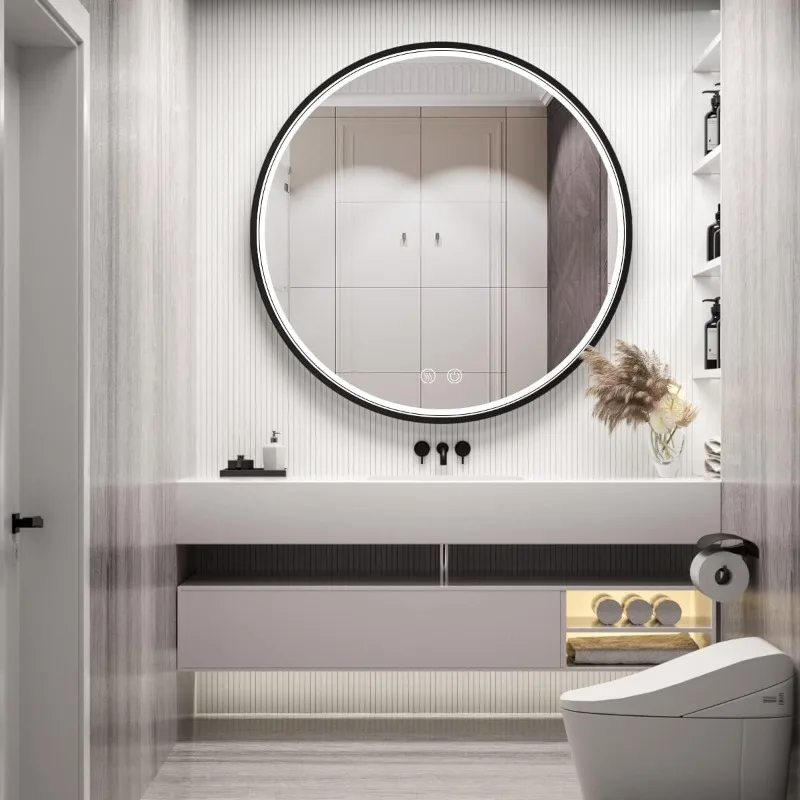 36 Inch Metal Frame Bathroom Mirror with Light,6000K Lighted Vanity Mirror,Wall Mounted,Anti-Fog & Dimmable Touch Switch,