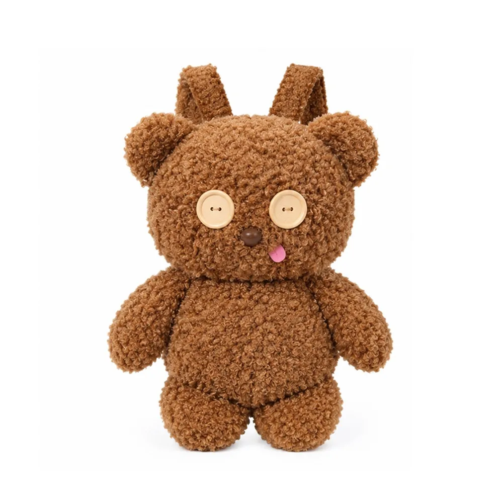 Cute Curly Bear Backpack Soft Stuffed Brown Bear Doll Kawaii Style Button Eyes Stuffed Animal Toy for Kids