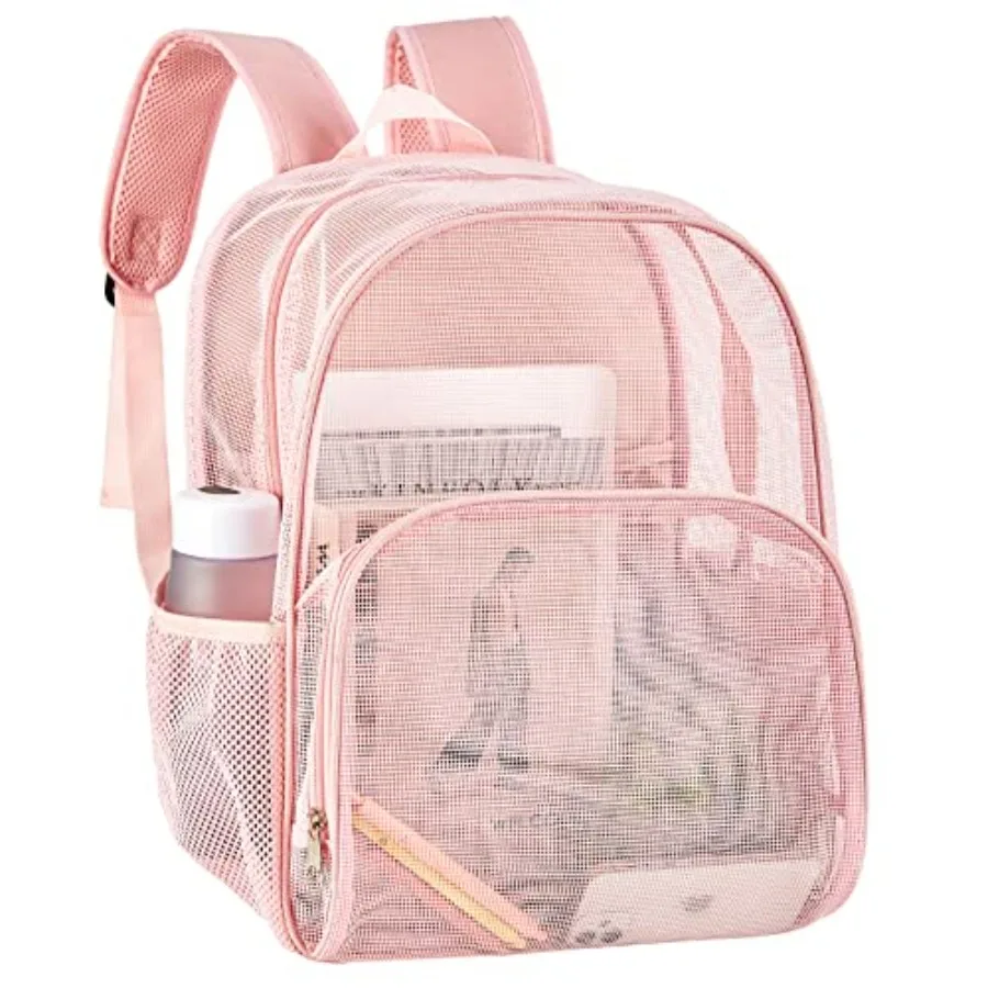Mesh Backpack for School, Heavy Duty Mesh Bookbag, Semi-Transparent Back Pack for Beach, Swimming, Sports, Work, Travel Pink