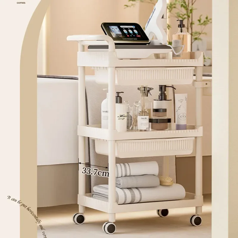 Metal Auxiliary Cart Beauty Room Wagon Wave Cosmetic Table on Wheels Trolley Makeup Furniture Tattoo Drinks Medical Rotate