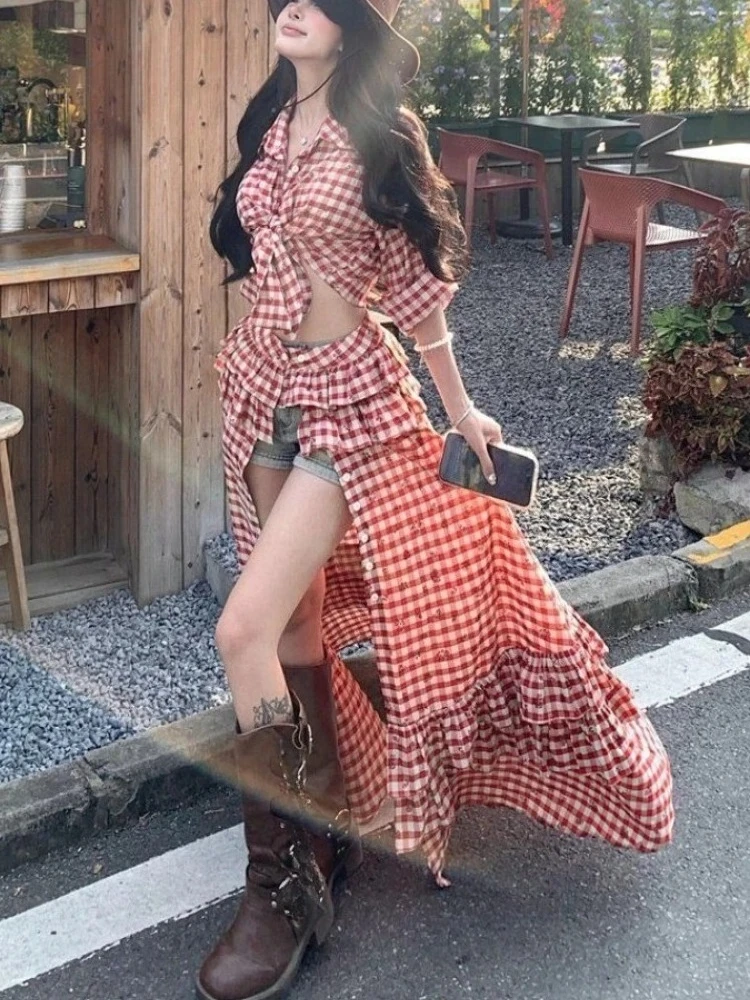 Sweet Red Plaid 2000s 2 Piece Set Vintage Long Sleeve Y2k Crop Tops Blouse + Slim Sexy Elegant Skirts Korean Fashion Suits