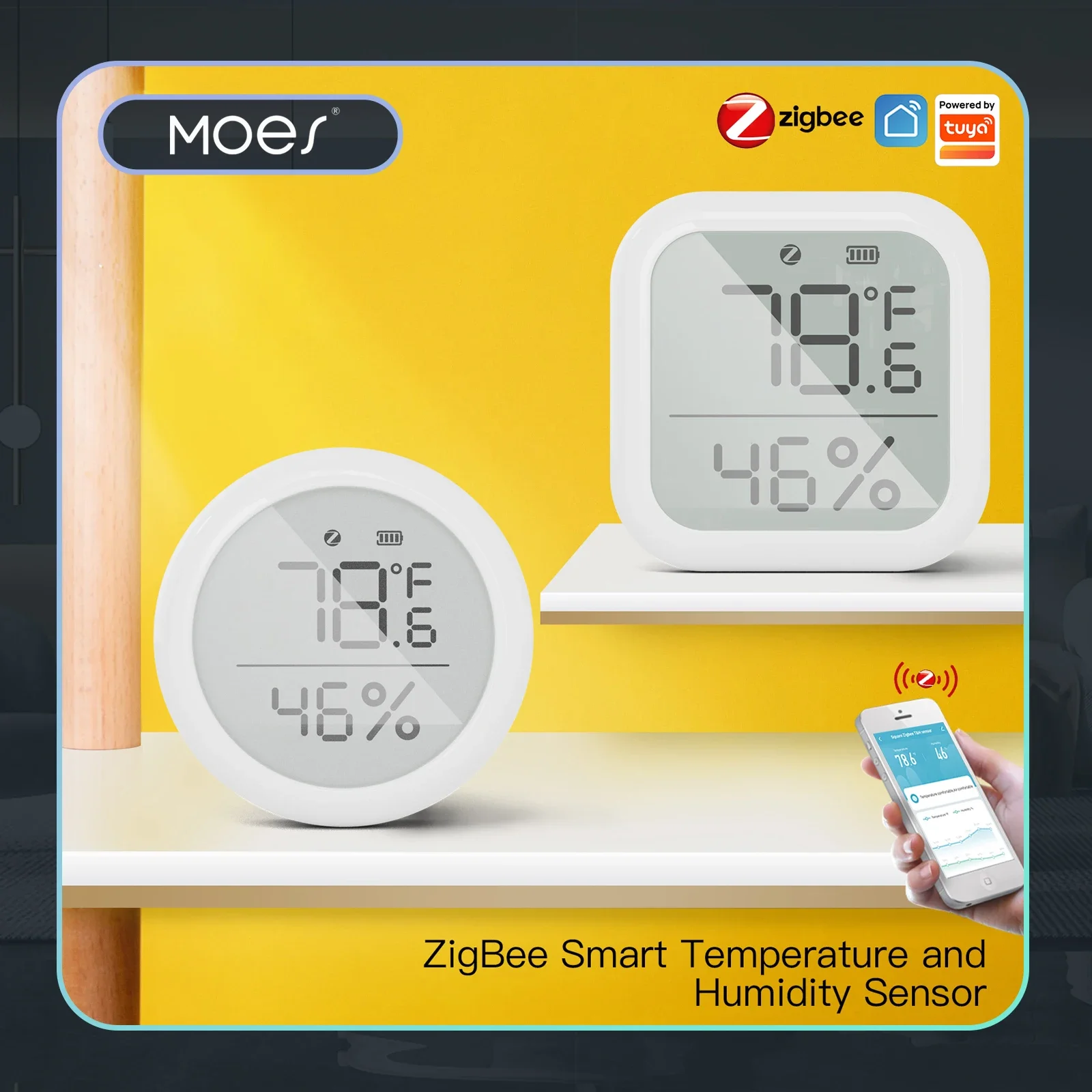 MOES Tuya ZigBee-Sensor inteligente de temperatura y humedad para el hogar, con pantalla LED, funciona con el asistente de Google y Tuya Zigbee Hub