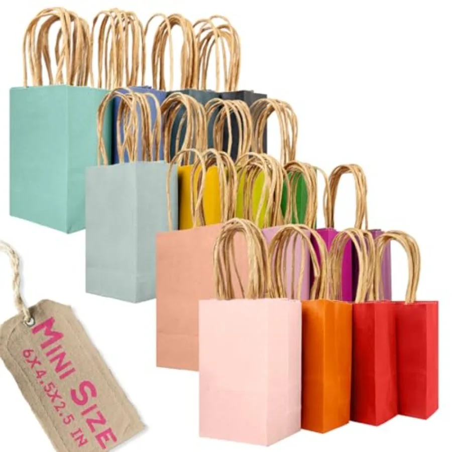 

32 Pcs Mini Paper Gift Bags with Handles 6"x4.5"x2.5" Small Kraft Party Favor Bags Different Senior Rainbow Treat Bags Multiple