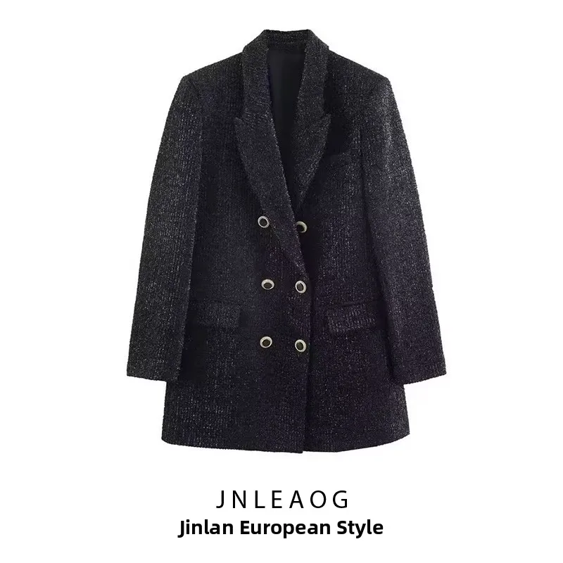 

JNLEAOG Autumn New Faionable Coarse Weave Suit Women's Busin Long Sve Double Button Closure Loose Fit Polyester