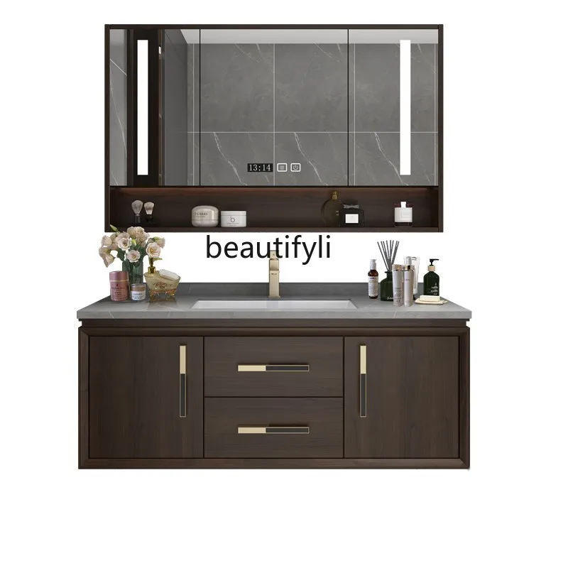 

New Chinese Bathroom Cabinet Wall Cupboard Stone Plate Solid Wood Bathroom Cabinet Washstand Ceramic Whole Washbin