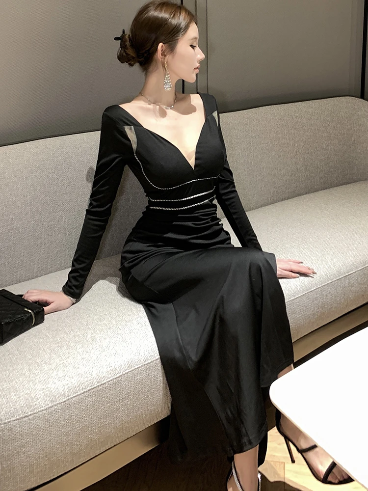 Black Patchwork Hollow Out Sexy V-Neck Dress for Women 2025 Korean Vintage Luxury Dress Autumn Winter Elegant Bodycon Prom Dress