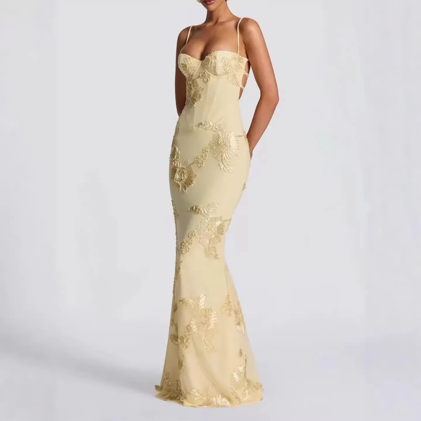 

Apricot Jacquard Flora Slash Meck Maxi Dress Women Sleeveless Strapped Elegant Vintage Vestidos Bodycon Chic Long Clothing Lady