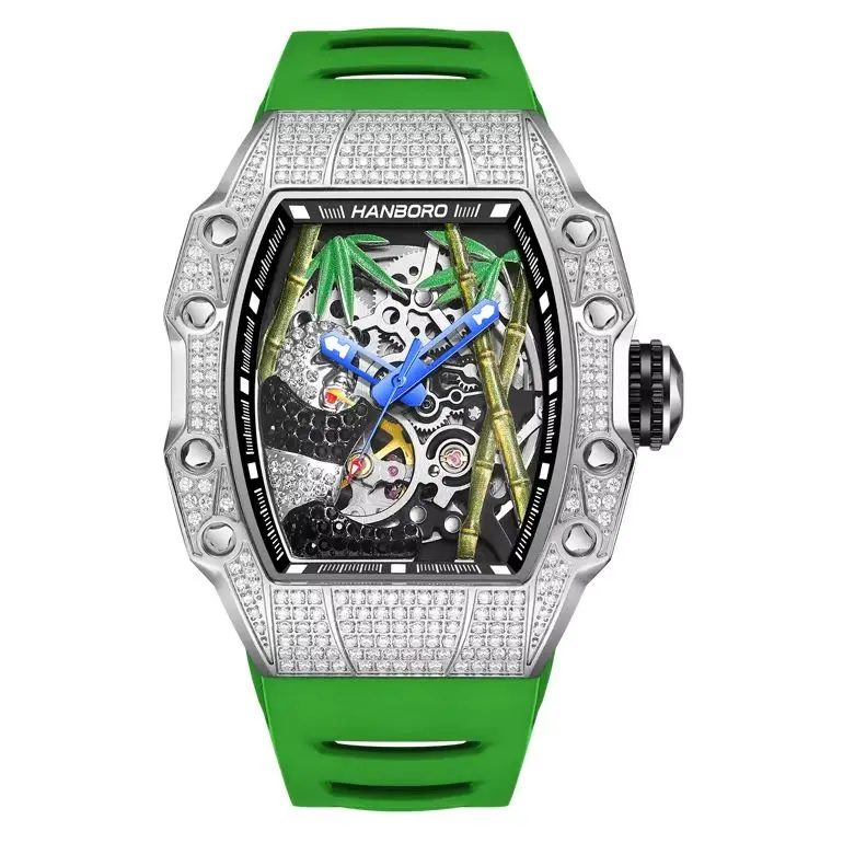 HANBORO Men Automatic Watch Tonneau Mechanical Wristwatch Luminous 50m Waterproof Skeleton Panda Dial Miyota Mov Crystal Bezel