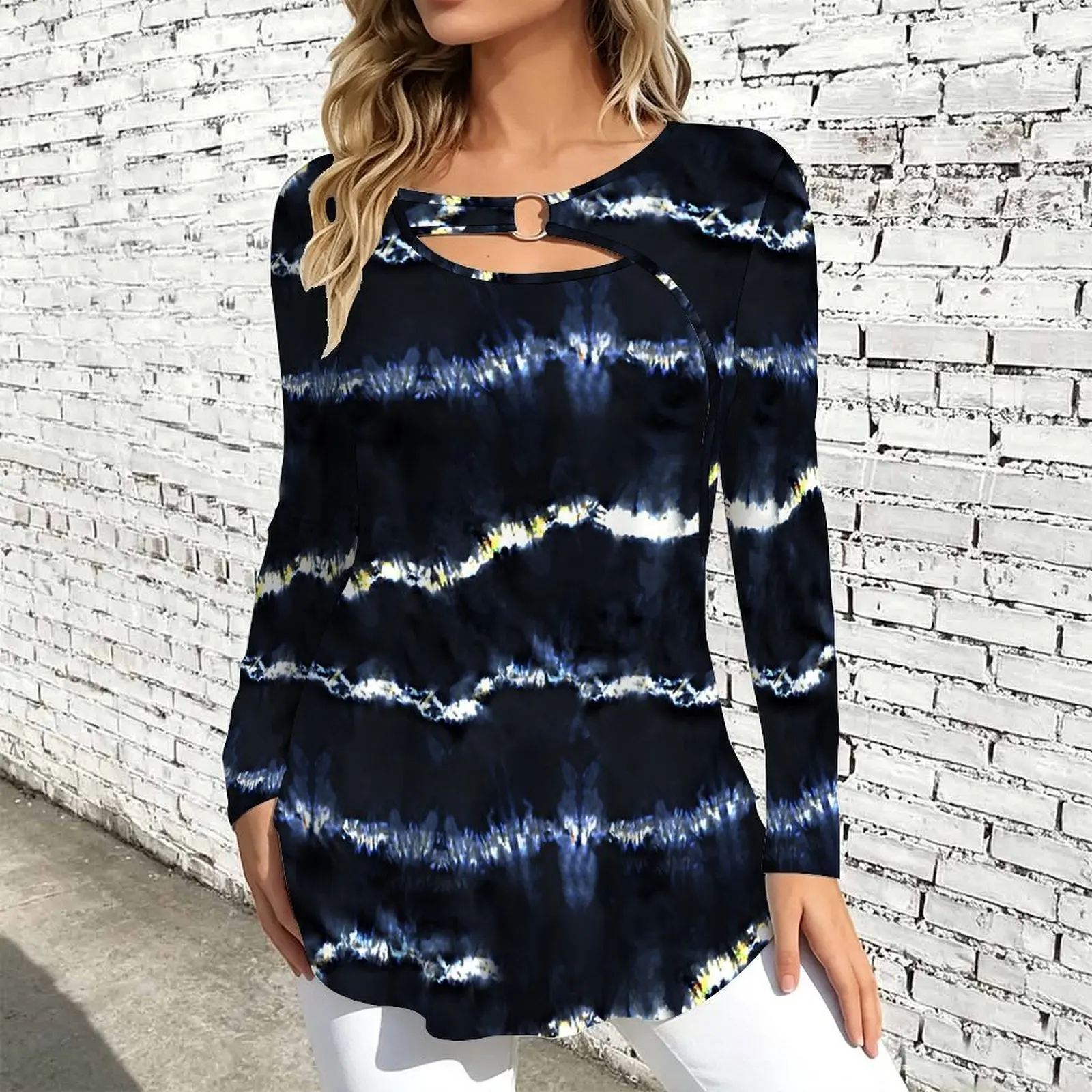 Women Long Sleeve Tunic Top Print O Ring Cutout Neck Loose A Line Hem Casual Ladies Blouse