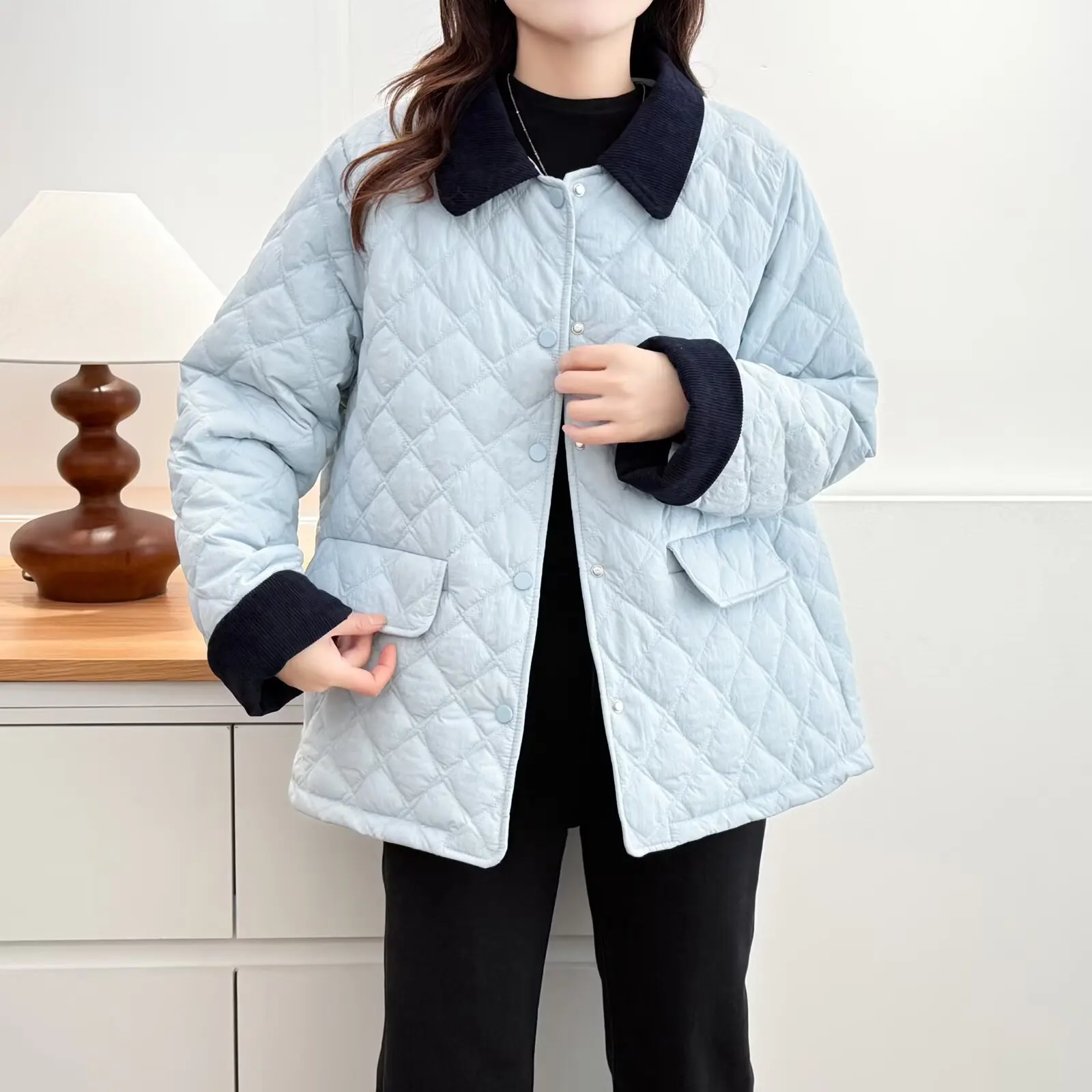 XXXXL موضة حجم كبير سترات نسائية 2025 كتلة أنيقة أوكلور التلبيب Argyle سترة مبطنة معطف دافئ غير رسمي 650 #1