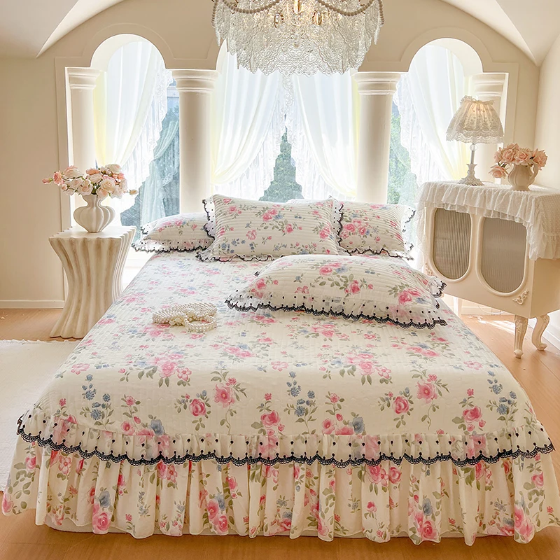 4/6Pcs Flowers Print Lace Ruffles Korean Princess Style 100% Cotton Luxury Bedding Set Duvet Cover Quilted Bedspread Pillowcases