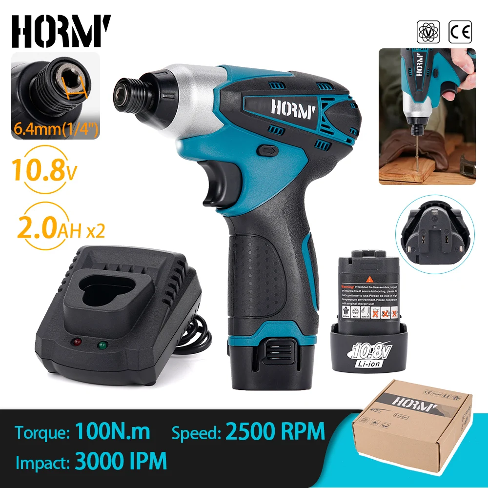 12V 100N. M 6.35mm Cordless Electric Screwdriver Impact Electric Drill Rechargeable Screwdriver Combination Lithium Ion Battery