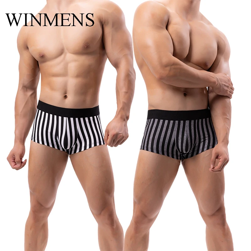 Calzoncillos Boxer deportivos a rayas verticales para hombre, calzoncillos elásticos con bolsa convexa en U para pene, bañadores, ropa interior para adultos, bragas transpirables sin costuras