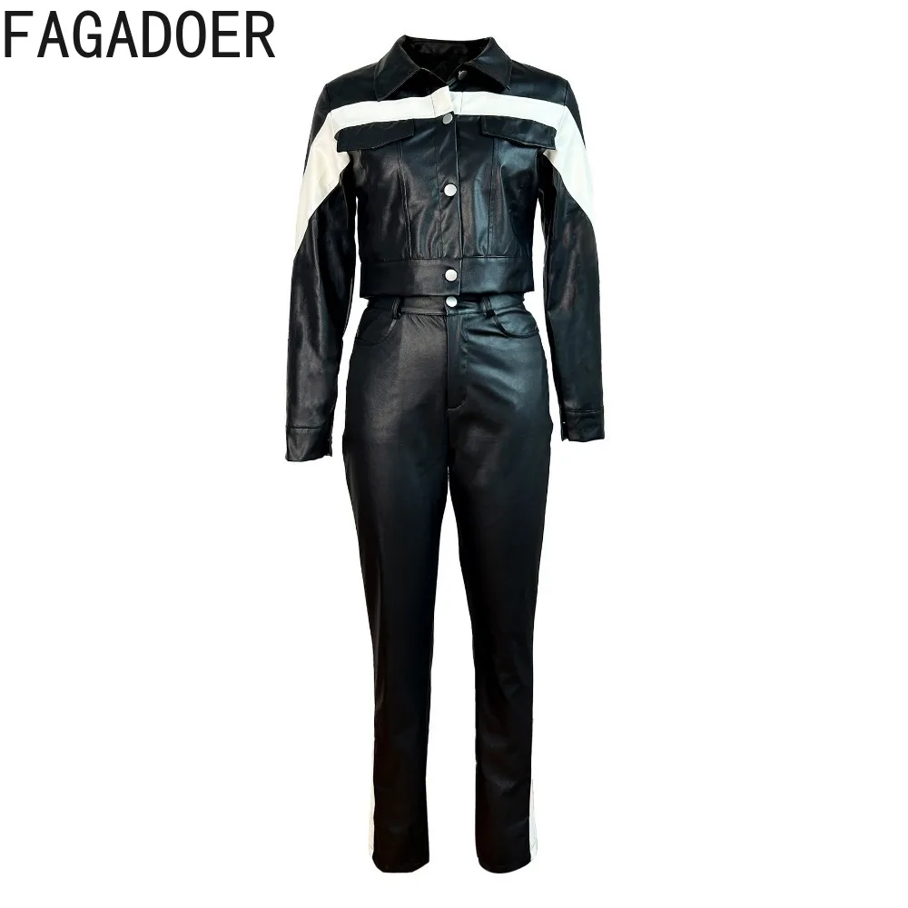 FAGADOER Fashion PU Leather Patchwork Two Piece Sets Women Turndown Collar Long Sleeve Crop Top And Skinny Pants Outfits Clothes