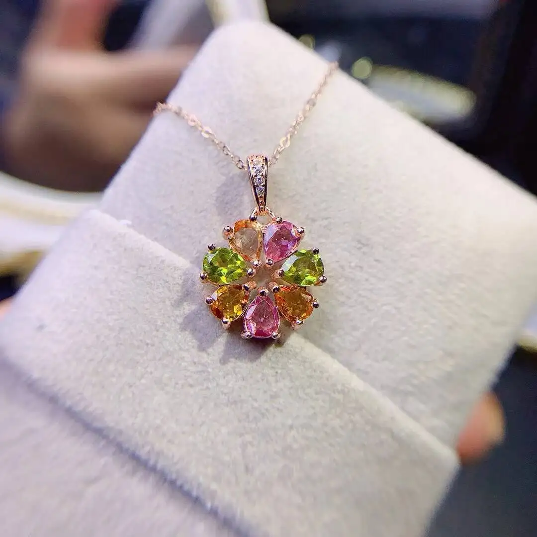 KJJEAXCMY Jewelry Natural Women's Tourmaline Pendant 925 silver inlay Colorful and splendid Crystal pure fire flash explosion