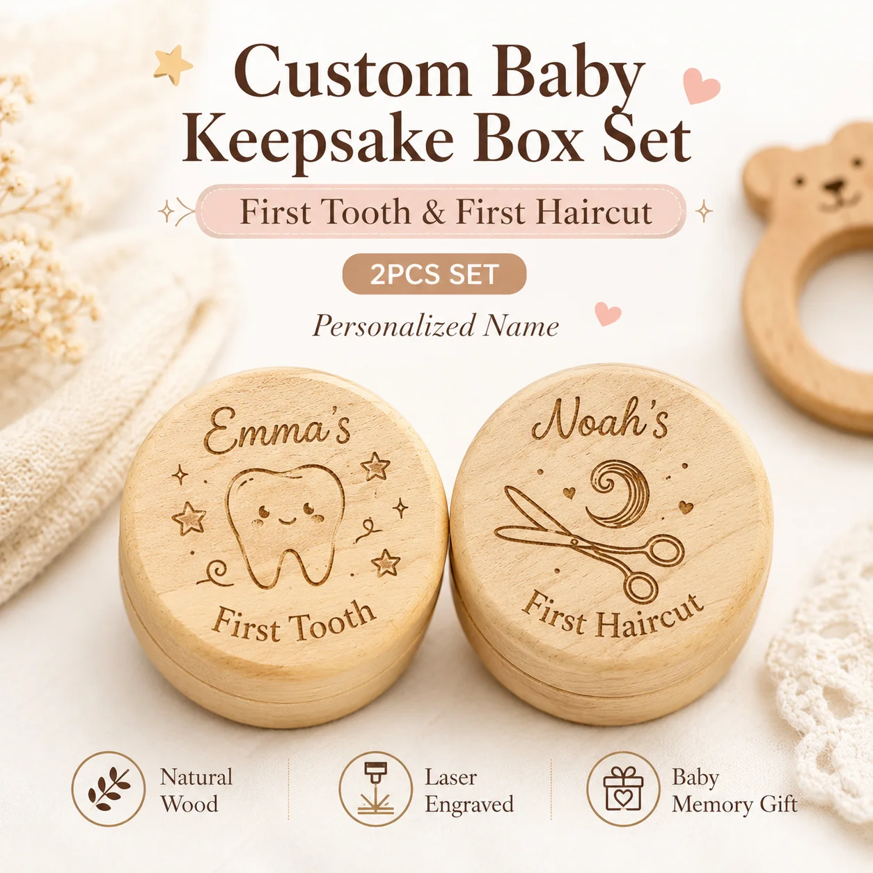 Custom wooden 'Teeth Box' and 'First Haircut' storage boxes, 6 different style options, name/date engraving