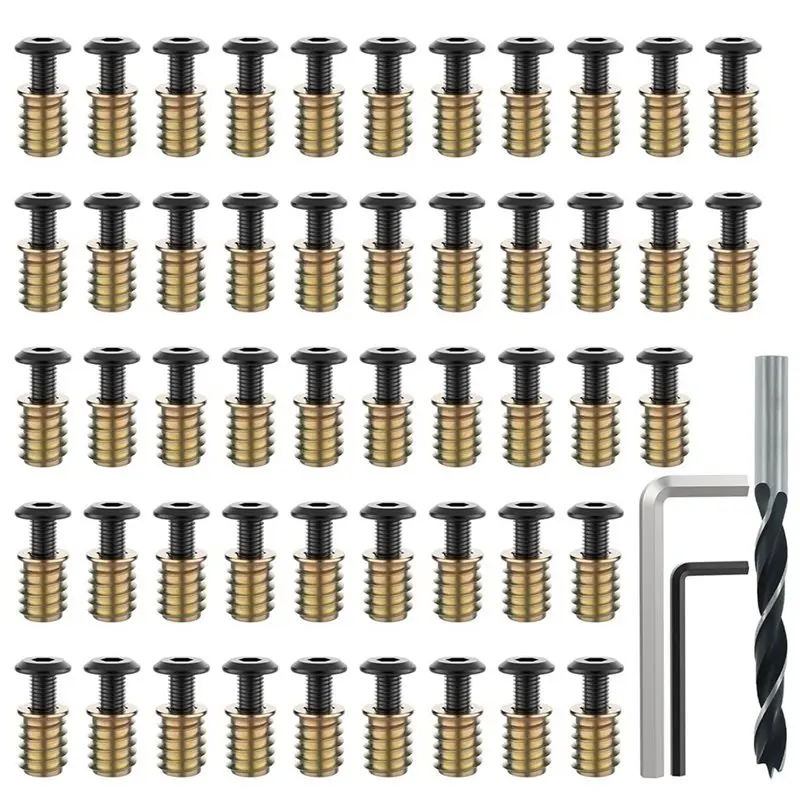 AB66-100 Sets 1/4-20 X 19/32 Inch Threaded Insert And Bolt For Wood, Hex Socket Drive Furniture Screw Nut Assortment Kits