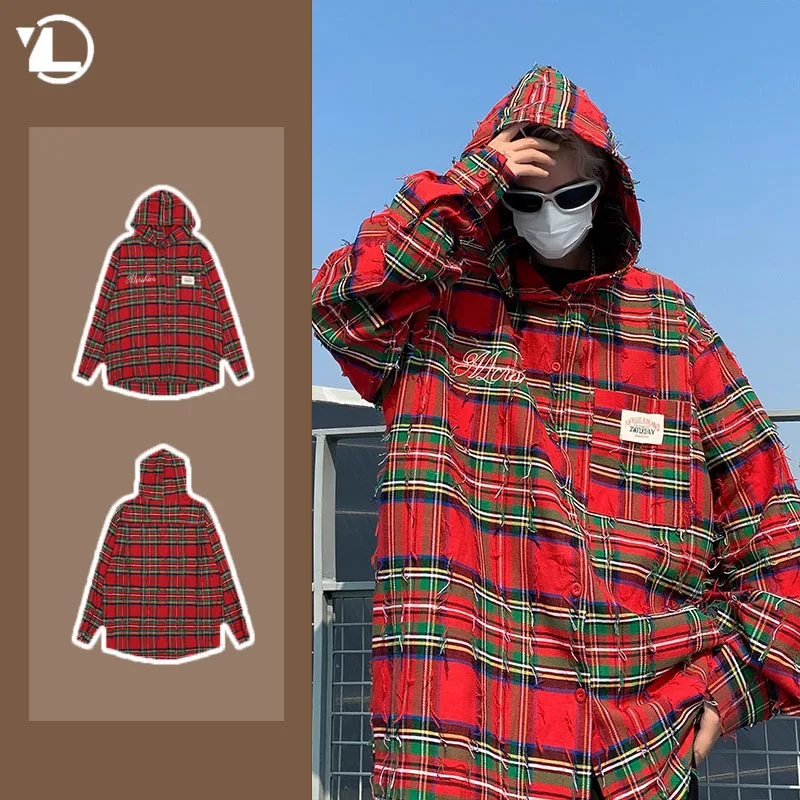 

Vintage Japanese Red Checkered Shirt Jacket Mens Burr Edge Distressed Trendy Long Sleeved Hooded Tops Printing Loose Hoodie Coat