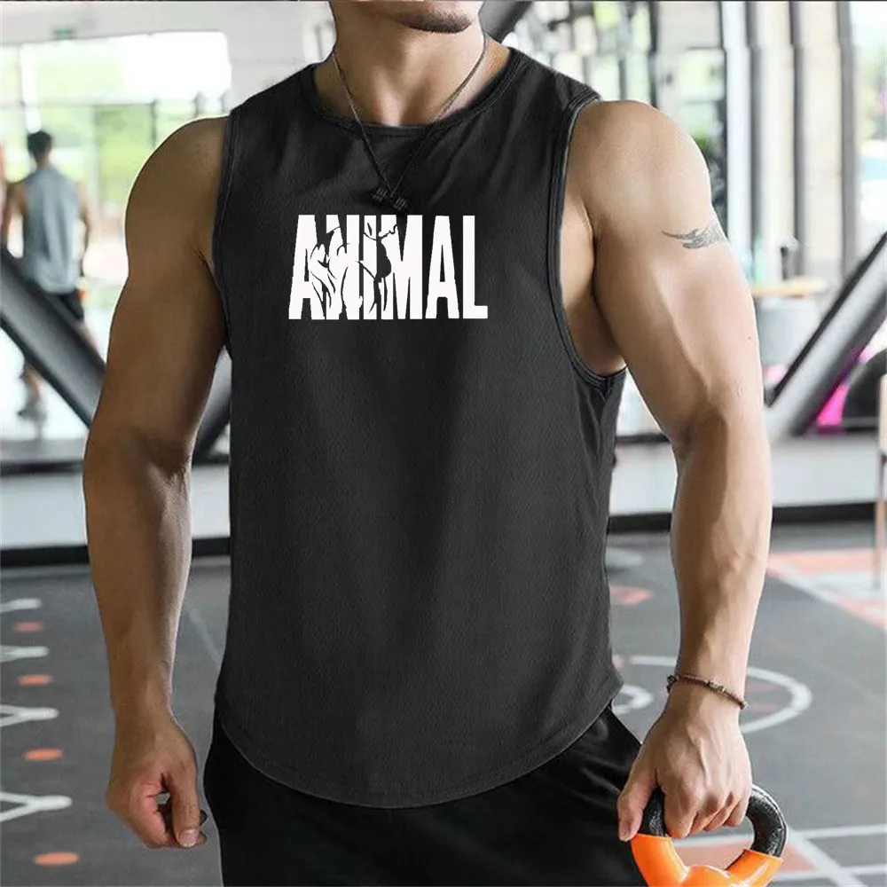 Running vest, men's animal letter printing, gym shorts, vest, mesh fabric, bodybuilding sleeveless single layer, muscle fitness