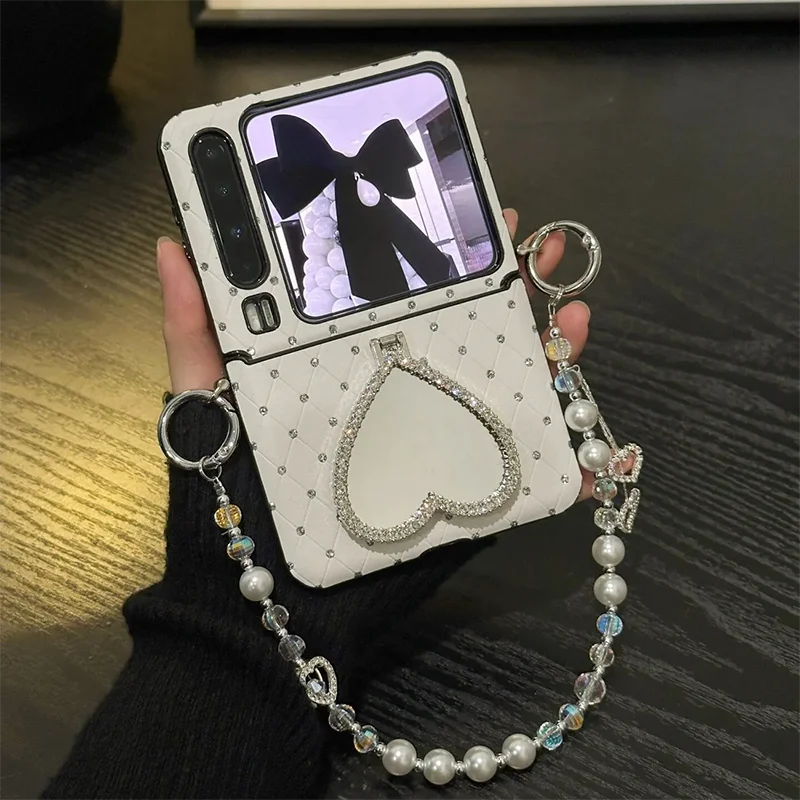 Diamond Rhinestone Heart Mirror Stand Leather Case For Samsung Z Flip7 Z Flip6 Z Flip5 Xiaomi Mix Flip Oppo Find N3 Flip Cover