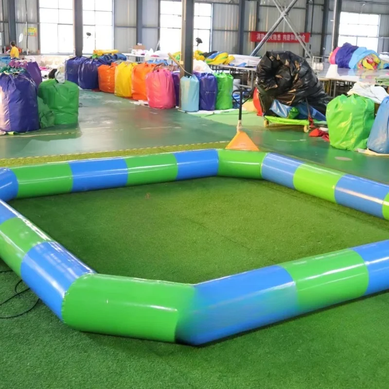 Blue and green inflatable fences for outdoor use in family gardens, trampoline parks or public spaces