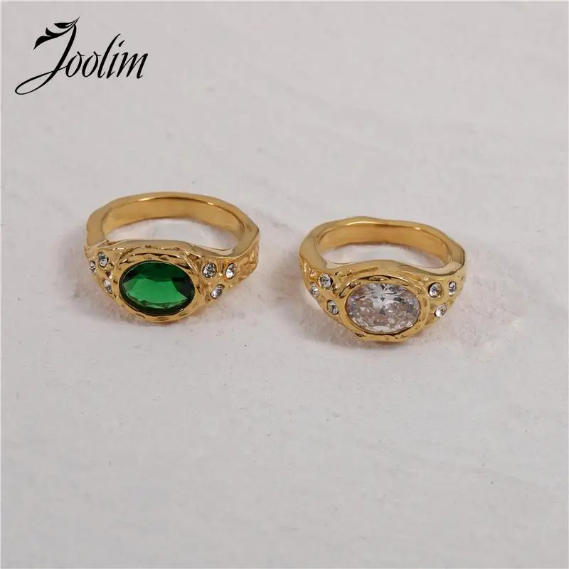 

Joolim Jewelry Wholesale High End PVD Waterproof Fashion Elegant Clear Green Oval Zirconia Stainless Steel Ring For Women