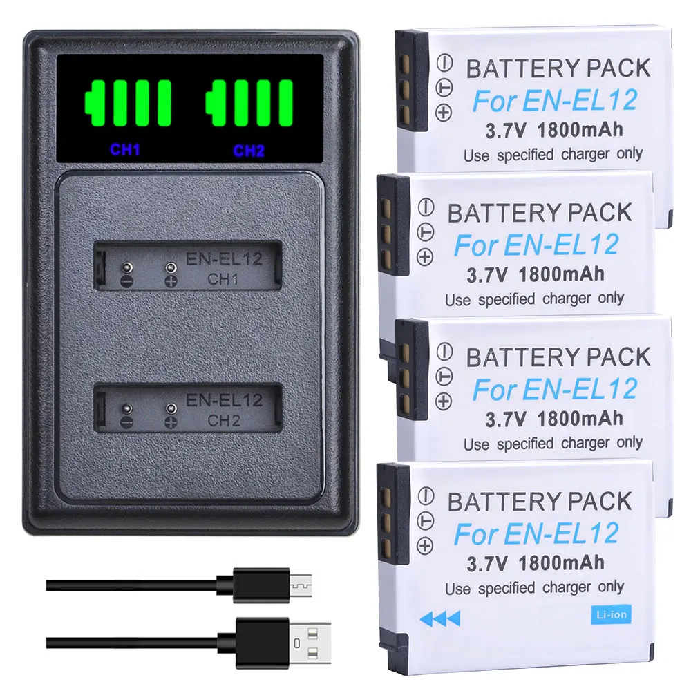 EN-EL12 ENEL12 Battery Bateria + Charger with Type C Port for Nikon Coolpix S9700 S9500 S9400 S9300 S9100 S8200