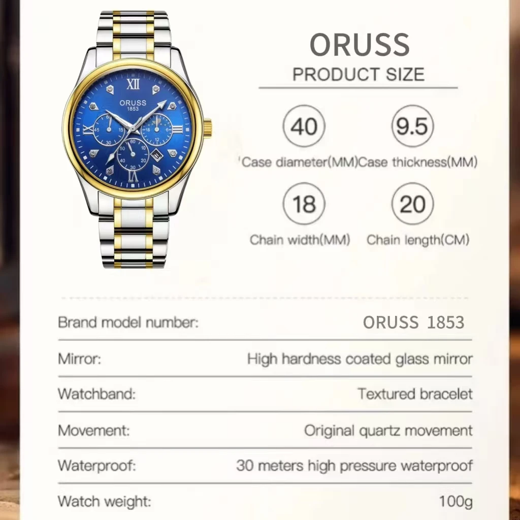 ORUSS оригинальные лучшие брендовые мужские часы из нержавеющей стали с двойным календарем, водонепроницаемые светящиеся роскошные золотые часы, модные кварцевые мужские наручные часы