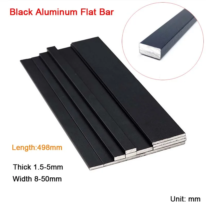 2Pcs Black Aluminum Flat Bar Length 498mm Thick 1.5-5mm Aluminum Solid Flat Metal Bar Skirting Line Trim Strip Width 8-50mm