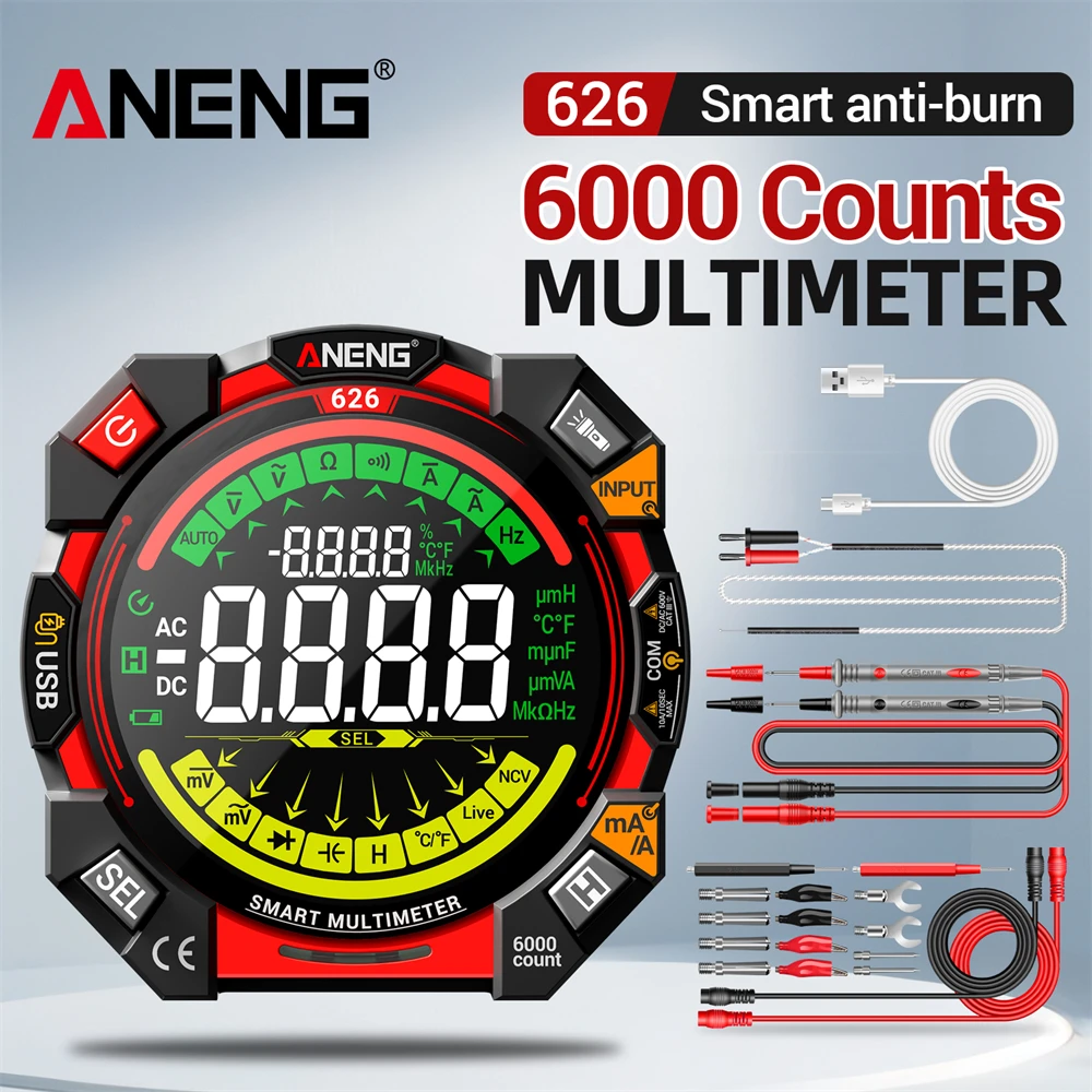 

ANENG 626 Multitester 6000 Counts 600V Voltage Tester Multimetro Portable Current Ohmmer Meter Rechargable USB Detector Tools