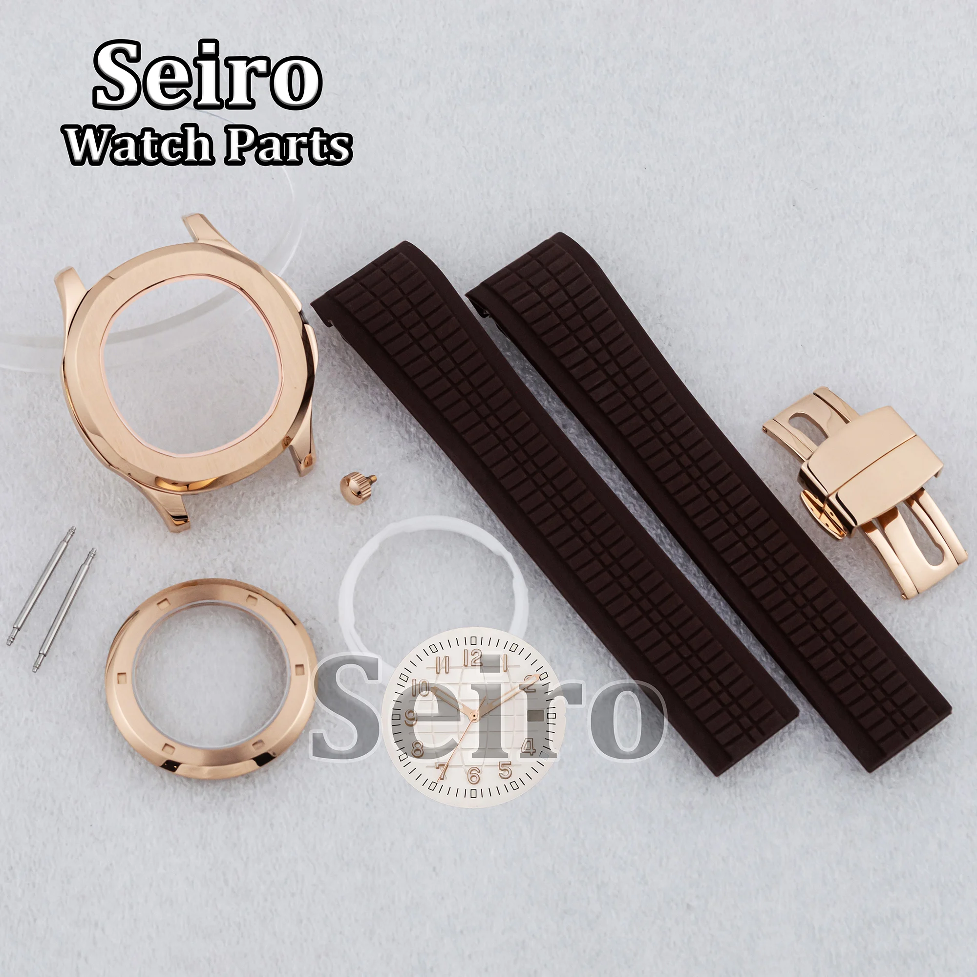 

42mm Rose/Gold PVD NH35 Watch Case Rubber Strap 100m Waterproof For AQUANAUT Nautilus Case NH36 Movement Men Luminous Dial Hands