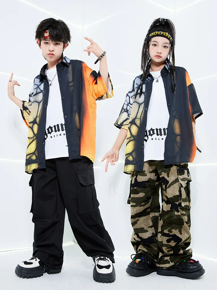 Kids Hip Hop Dance Costume Short Sleeve Shirt Cargo Pants Street Dance Clothing Boys Girls Jazz Drum Show Stage Clothes Sets