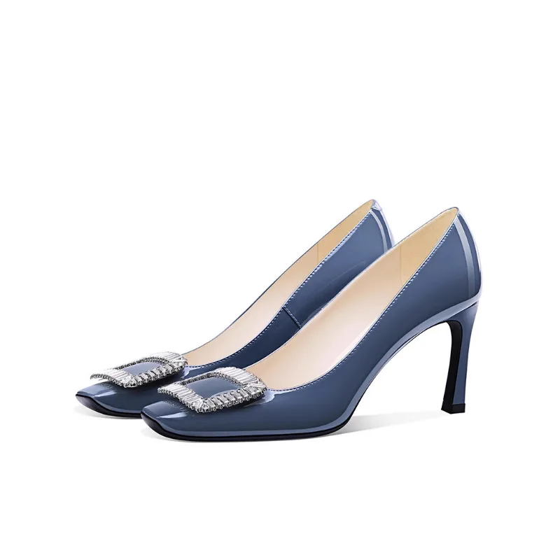 

Elegant Square Buckle Haze Blue High Heels Women 2025 Fall Rhinestone Dress Shoes French Style