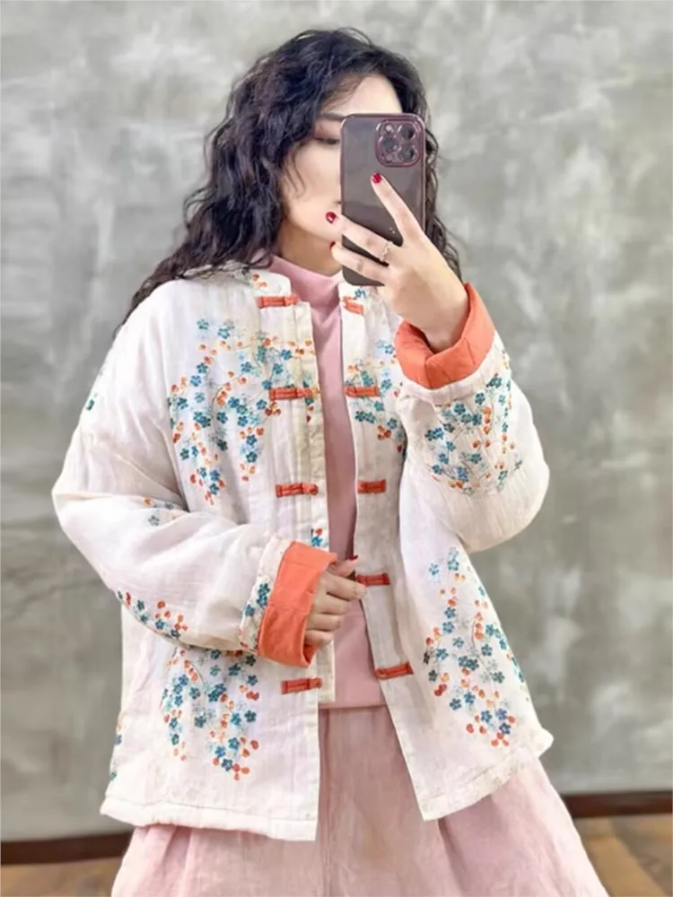 Flower Floral Print Fashion Ladies Jackets Casual Loose Woman Coats Oversized Autumn Winter Padded Cotton Coat Women