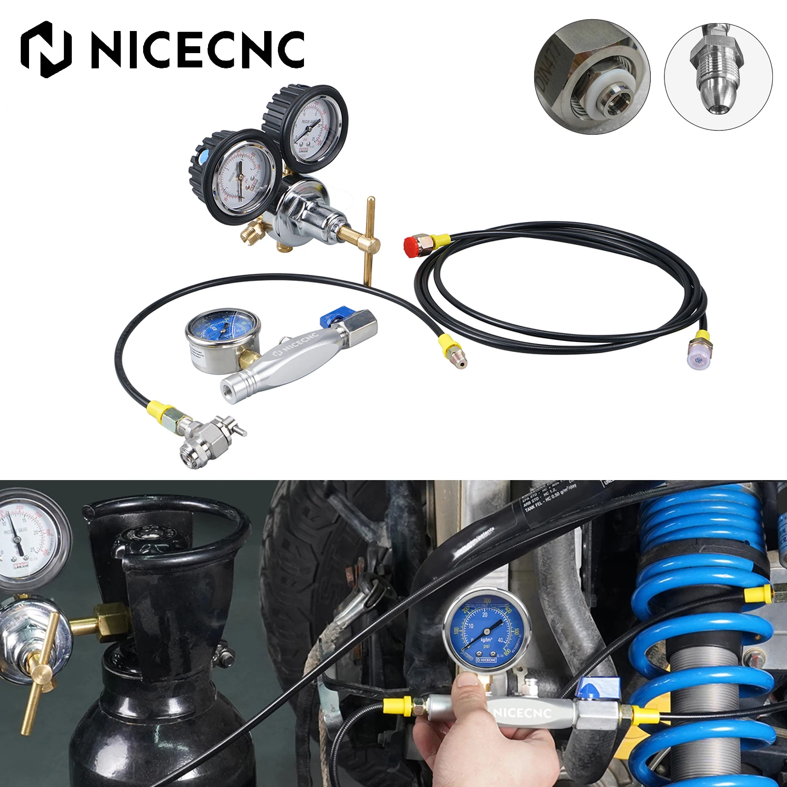 Nitrogen Shock Fill Tool With 2" 600psi Gauge Schrader Valve For Polaris RZR Raptor FOX ATV UTV Yamaha Honda Suzuki Kawasaki